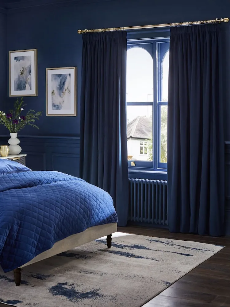 Blue Dark Navy Matte Velvet Pencil Pleat Blackout