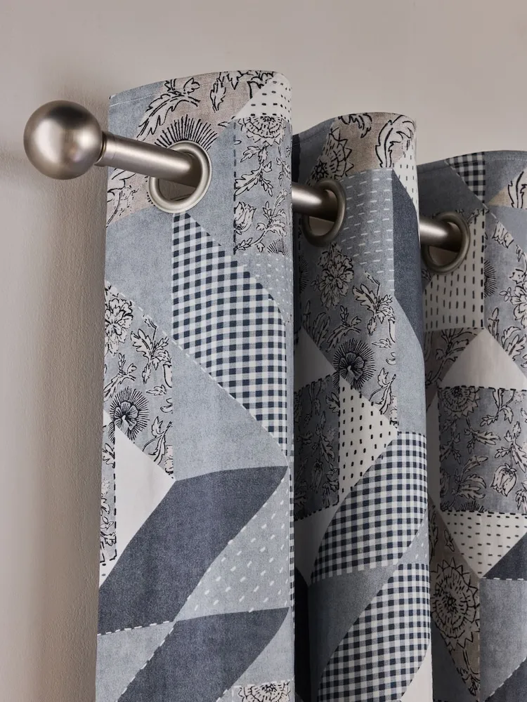 Blue Woodblock Patchwork Print Blackout